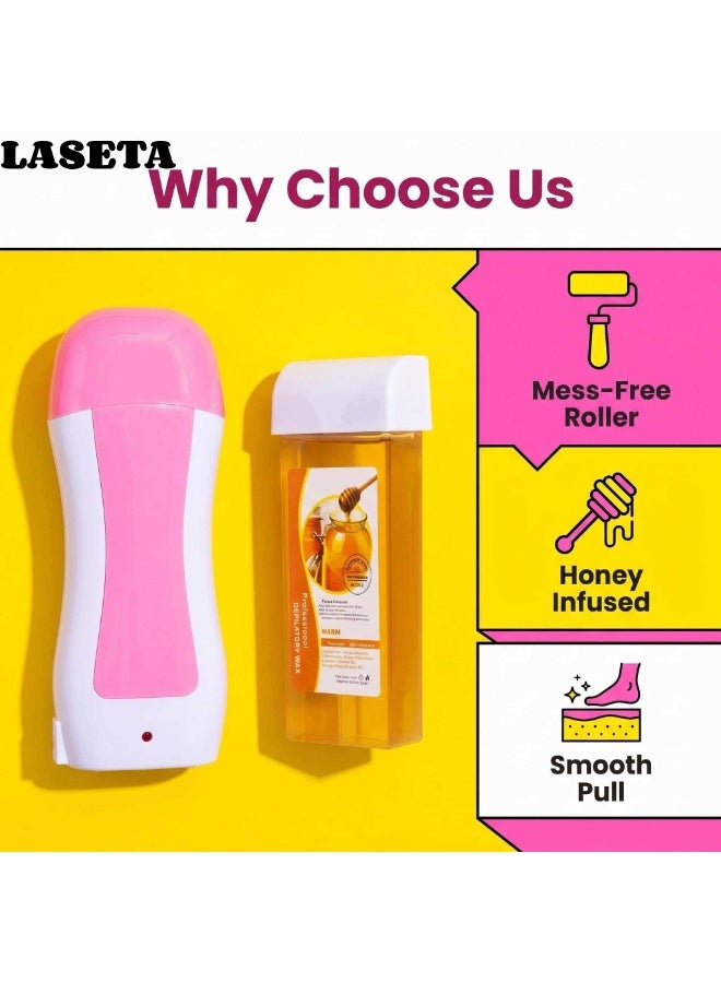 Laseta مجموعة إزالة الشعر بالشمع، جهاز تسخين الشمع بالبكرة للاستخدام المنزلي والصالون، تتضمن سخان الشمع وخرطوشات الشمع وأوراق إزالة الشعر، مناسبة للأذرع والأرجل والإبطين والوجه واللحية ومنطقة البيكيني - Image 2