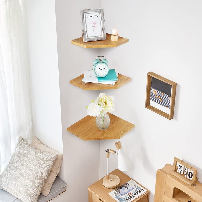 Conamily Corner Wall Shelves, Corner Floating Shelves Set of 2 Solid Oak Wood Display Shelf with Wire Hole Small Plant for Kitchen Living Room - Image 2
