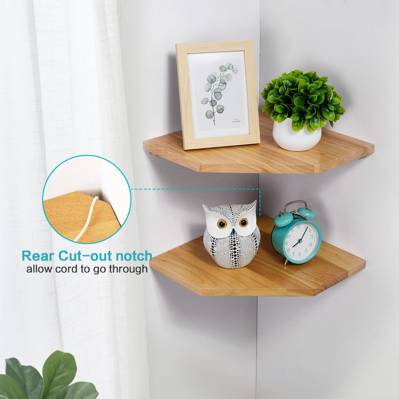 Conamily Corner Wall Shelves, Corner Floating Shelves Set of 2 Solid Oak Wood Display Shelf with Wire Hole Small Plant for Kitchen Living Room - Image 4