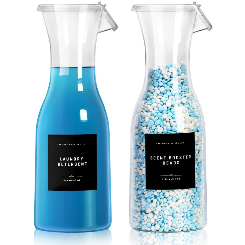 GIXSEGIE Laundry Detergent Dispenser Bottle 20oz with Waterproof Label for Laundry Detergent Soap Fabric Softener Bleach Scent Booster Beads Sturdy PET Bottle for Laundry Room Decor 2 Pack White