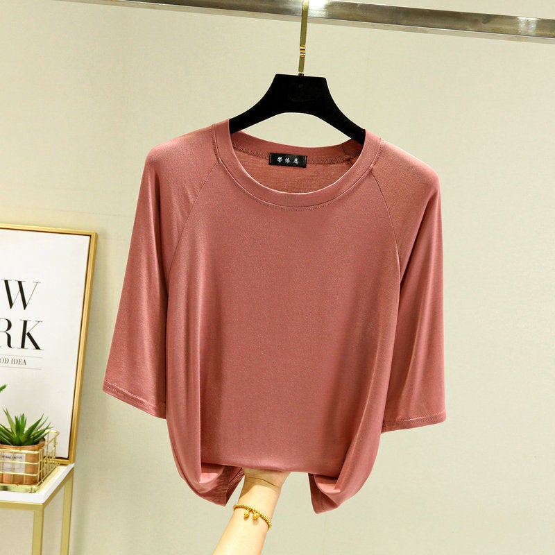 Three-point Sleeve Loose Top Womens Early Autumn Thin Raglan Mid-sleeve T-shirt All-match Round Neck Modal Cotton Base Shirt Lotus root starch 
