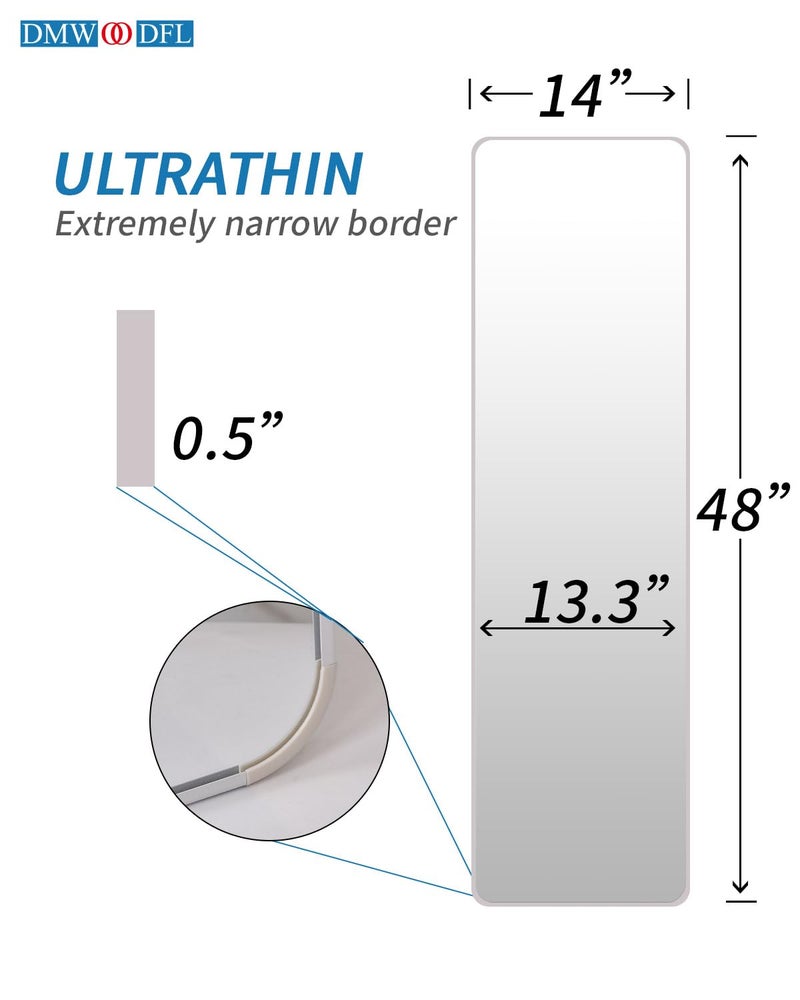 DMWOODFL 48"x14" Rounded Rectangle Over The Door Mirror - Full Length Tempered Glass & Aluminum Frame, No Drill Installation for Bedroom, Bathroom, Closet, Entryway (Silver White) - Image 2