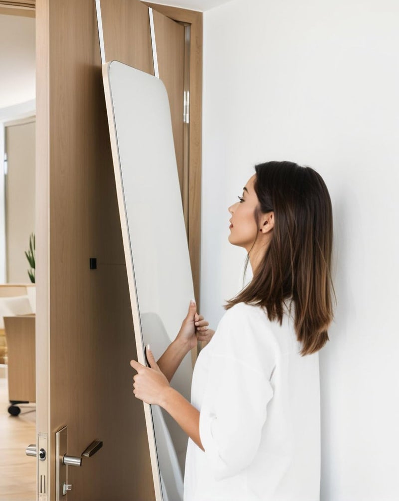 DMWOODFL 48"x14" Rounded Rectangle Over The Door Mirror - Full Length Tempered Glass & Aluminum Frame, No Drill Installation for Bedroom, Bathroom, Closet, Entryway (Silver White) - Image 3
