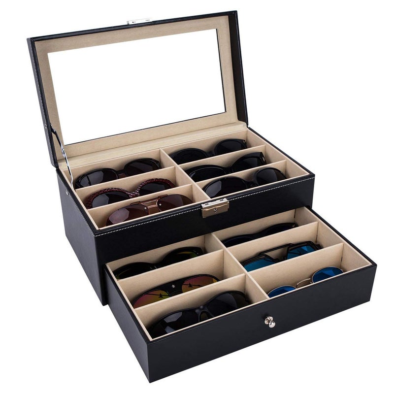 AUTOARK Leather 12 Piece Eyeglasses Storage and Sunglass Glasses Display Drawer Lockable Case Organizer,Black,AW-023 - Image 1