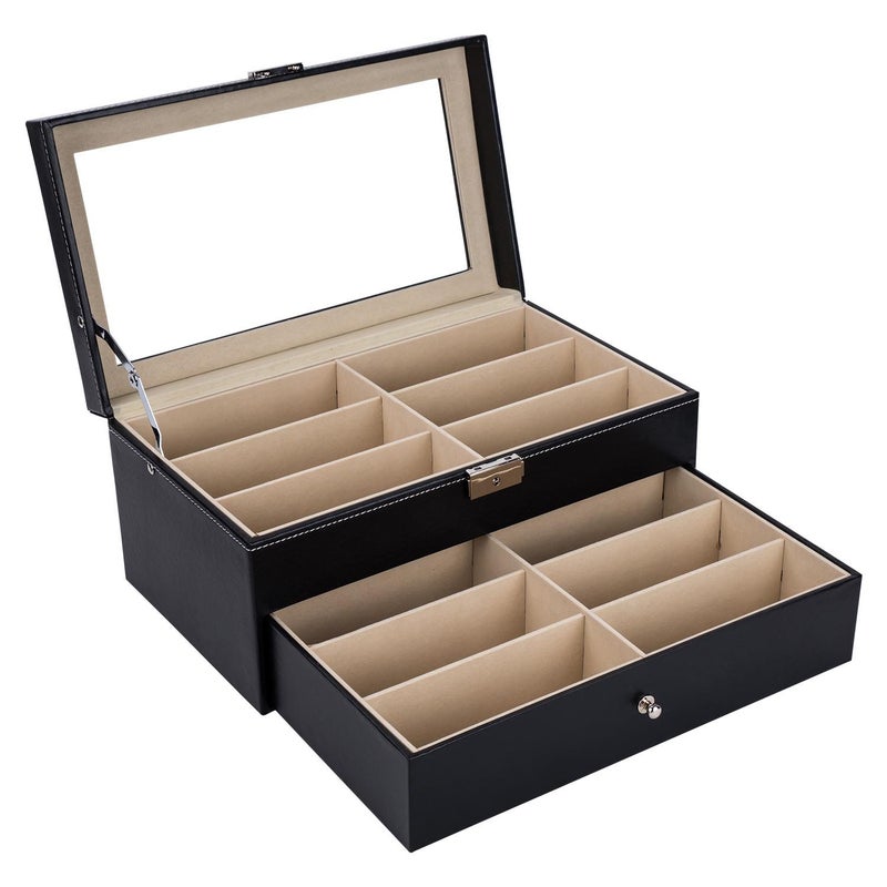 AUTOARK Leather 12 Piece Eyeglasses Storage and Sunglass Glasses Display Drawer Lockable Case Organizer,Black,AW-023 - Image 2