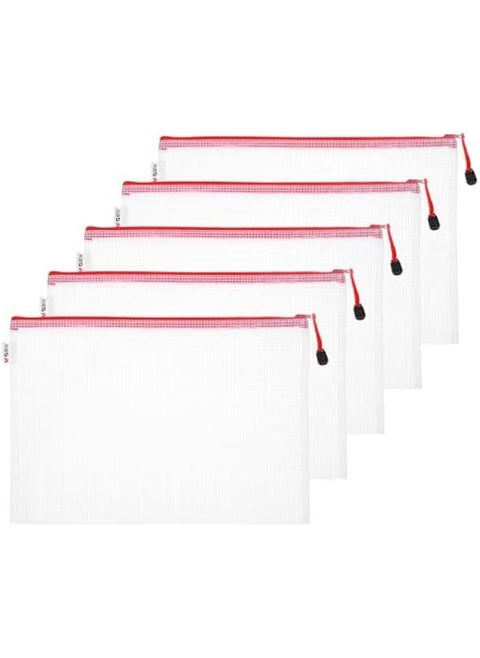 Red Mesh Zipper Pouch Bag for Organizing Office Supplies, Documents, Puzzles, Cosmetics, and Travel Essentials - Set of 5 Waterproof Bags in A4 Size (13.4x9.6)