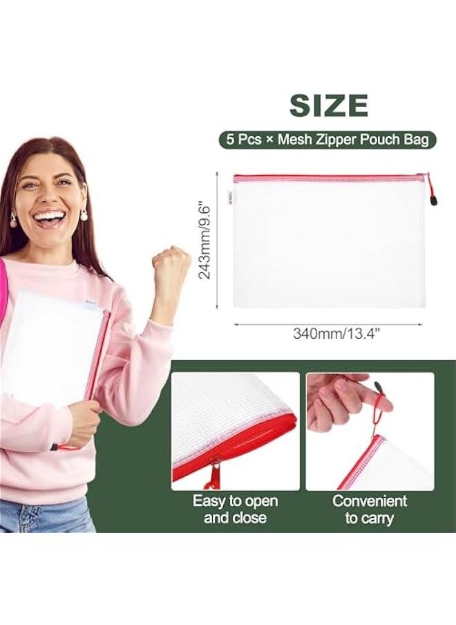 Arabest - Red Mesh Zipper Pouch Bag for Organizing Office Supplies, Documents, Puzzles, Cosmetics, and Travel Essentials - Set of 5 Waterproof Bags in A4 Size (13.4x9.6) - Image 1