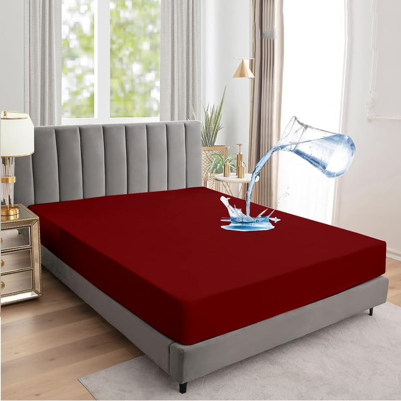 MAHAVEER COTTON Waterproof Fitted Sheet Terry Cotton Mattress Protector Elastic Fitted Style Bed Cover 36 x 72 Inch 3 x 6 Feet 9144 x 18288 CM Single Size Maroon  - Image 1
