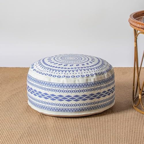 MOCOFO Unstuffed Round Pouf Covers Boho Colorful Geometric Ottoman Pouf Cover with Handle DesignDecoration Footstool for Living RoomBedroomPatio Blue18x18x8 - Image 1