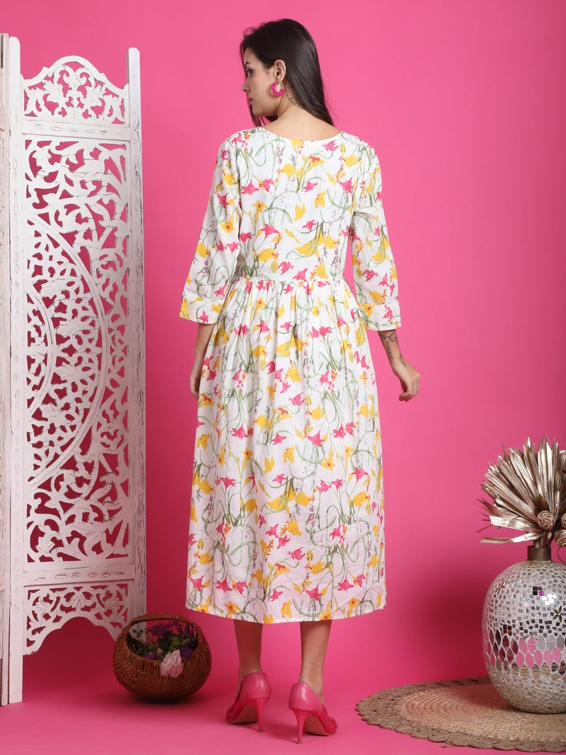 Rajnandini Women's Cotton Calf Length Anarkali Floral Printed Maternity Gown With Zipper For Women For Pre & Post Pregnancy & Easy Breastfeeding (JOPLJPR216-L_White_Large) - Image 2