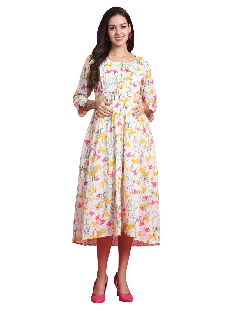 Rajnandini Women's Cotton Calf Length Anarkali Floral Printed Maternity Gown With Zipper For Women For Pre & Post Pregnancy & Easy Breastfeeding (JOPLJPR216-L_White_Large) - Image 1