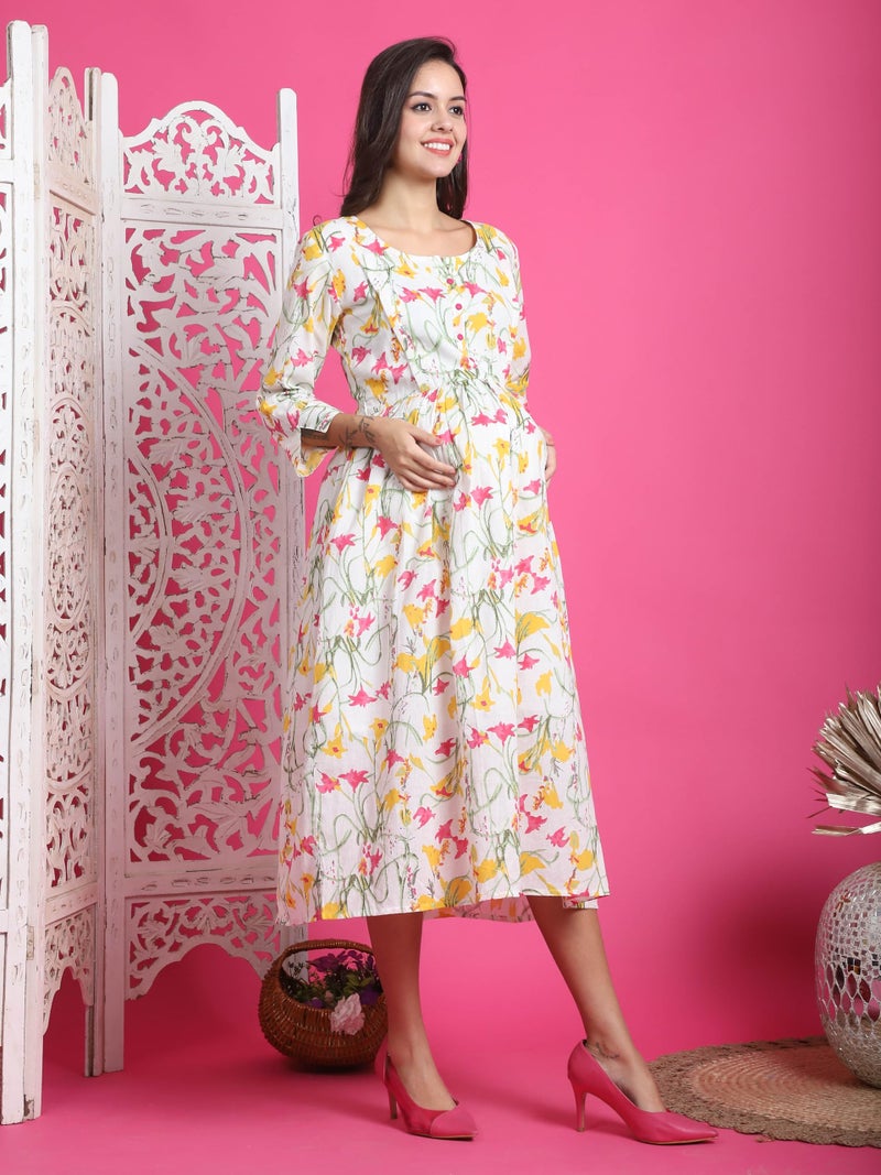 Rajnandini Women's Cotton Calf Length Anarkali Floral Printed Maternity Gown With Zipper For Women For Pre & Post Pregnancy & Easy Breastfeeding (JOPLJPR216-L_White_Large) - Image 5