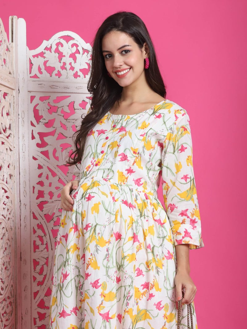Rajnandini Women's Cotton Calf Length Anarkali Floral Printed Maternity Gown With Zipper For Women For Pre & Post Pregnancy & Easy Breastfeeding (JOPLJPR216-L_White_Large) - Image 4