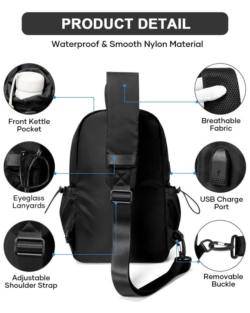 SEAFEW Black Sling Crossbody Bag for Men Women, Tactical Backpack Shoulder Daypack Mini Anti-Theft Cross Body Motorcycle Chest Bags, Small One Strap Fanny Back Pack for Casual Travel Hiking Sport Gym - Image 3