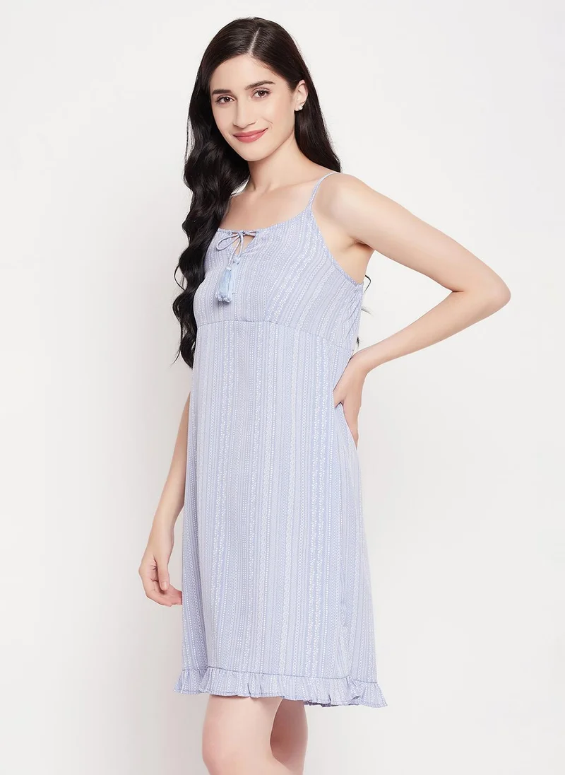كلوفيا Clovia Striped Resort Wear Slip Dress in Light Blue with Ruffles - Crepe