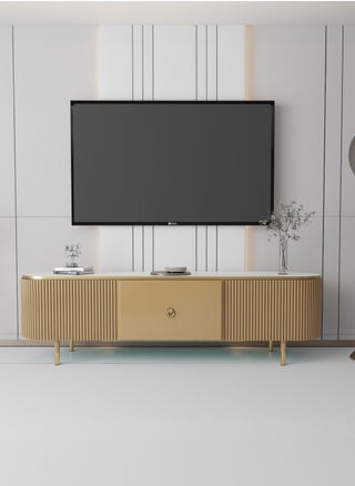 Modern TV Table with Spacious Storage Cabinet, Elegant Design Made of High-Quality MDF, Gold with Gold Details, Perfect for Living Rooms, Offices, and Guest Spaces, Dimensions: 180x50x40 cm. - pzsku/ZC4FEBE6E321E489214FCZ/45/_/1738111822/9b0811c2-ed8d-4556-af1e-45a1dc3b6f1e