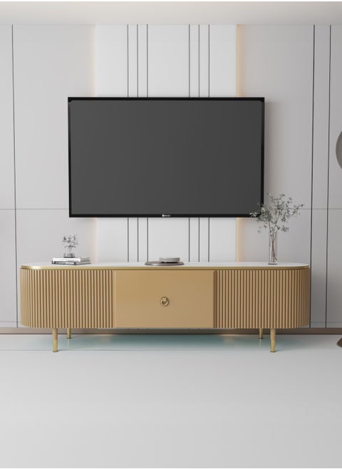 Modern TV Table with Spacious Storage Cabinet, Elegant Design Made of High-Quality MDF, Gold with Gold Details, Perfect for Living Rooms, Offices, and Guest Spaces, Dimensions: 180x50x40 cm.