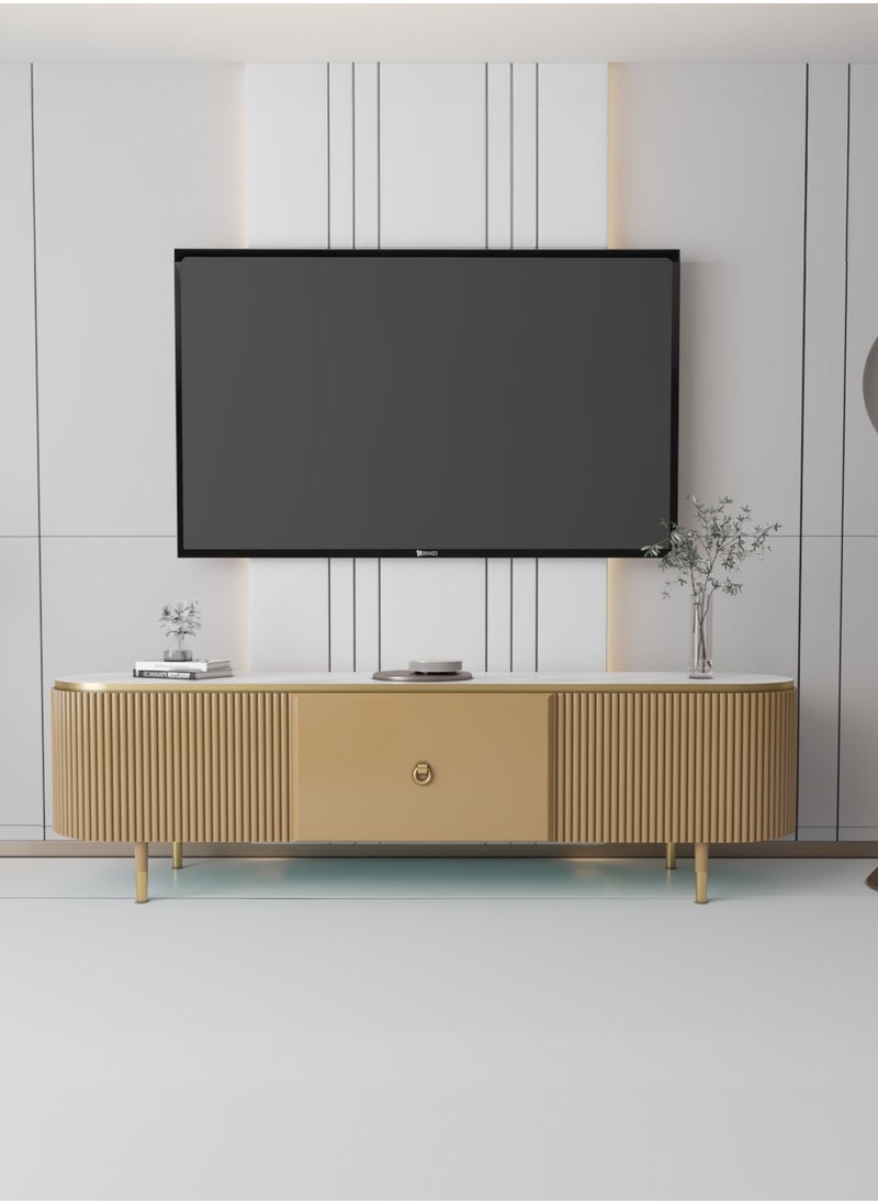 Modern TV Table with Spacious Storage Cabinet, Elegant Design Made of High-Quality MDF, Gold with Gold Details, Perfect for Living Rooms, Offices, and Guest Spaces, Dimensions: 180x50x40 cm.