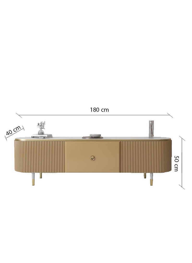 Modern TV Table with Spacious Storage Cabinet, Elegant Design Made of High-Quality MDF, Gold with Gold Details, Perfect for Living Rooms, Offices, and Guest Spaces, Dimensions: 180x50x40 cm.