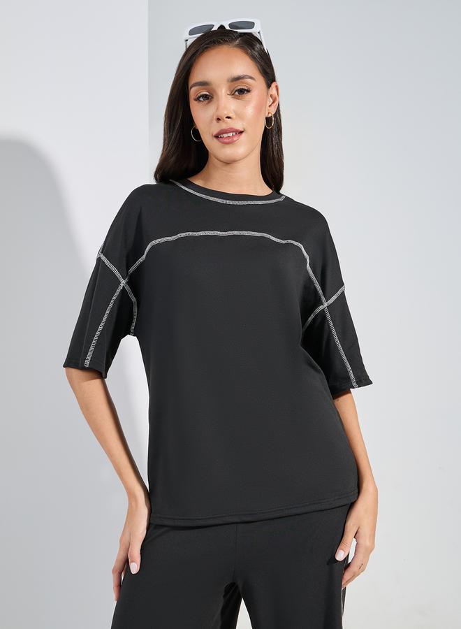 Styli Contrast Overlock Oversized T-Shirt & Wide Leg Joggers Co-Ords  - Image 3