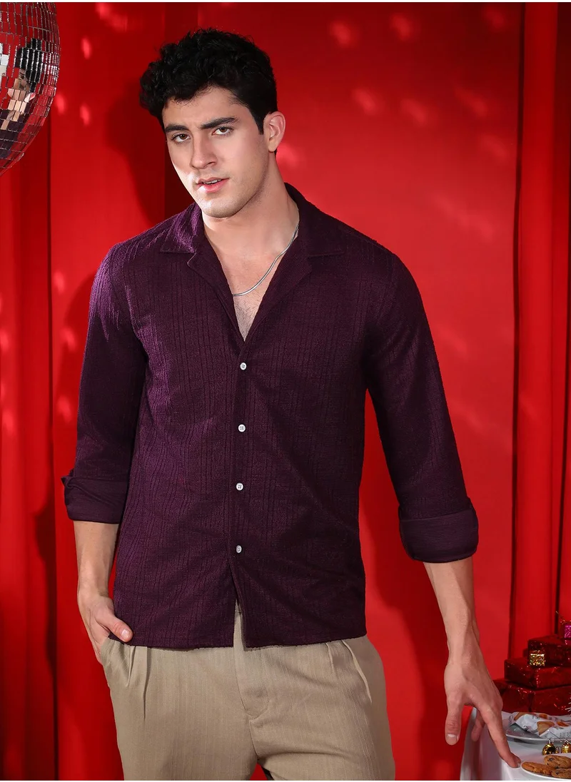 كامبوس سوترا Men's Plum Purple Tactile Cuban Shirt