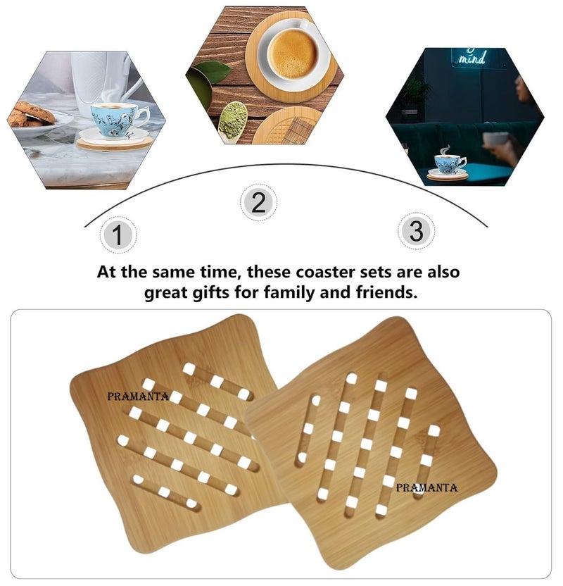 PRAMANTA 2Pcs Trivet, Bamboo Coaster, Kitchen Counter Accessories for Hot Dishes Pots and Pans Tea Pot Holders Trivet Mat - Image 3