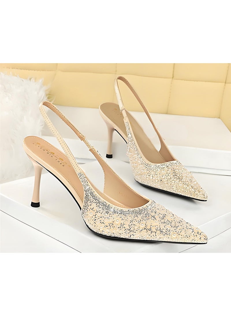 بيج تري المرأة لامعة مغلقة إصبع القدم المضخات الكعب العالي الخلفي مع حزام الكاحل المشمش 8CM - Image 2