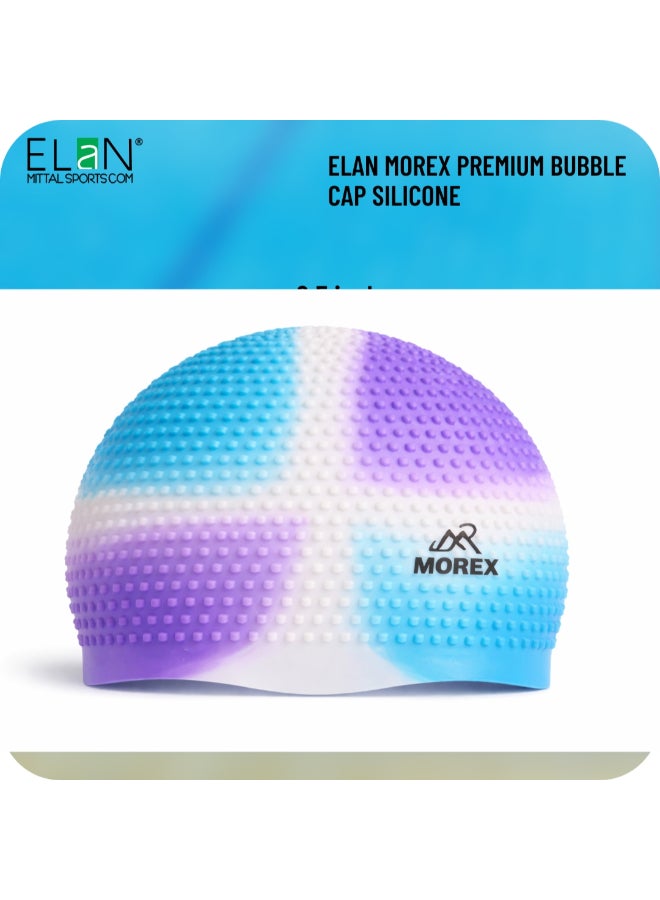 Elan Morex Silicone Bubble Swim Cap - White & Purple Multi-Colour - Roomy Comfort Fit For Long Hair & Thick Curls, Textured Air-Bubble Design For Reduced Pressure, Premium Waterproof Cap - Image 5