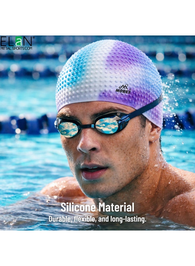 Elan Morex Silicone Bubble Swim Cap - White & Purple Multi-Colour - Roomy Comfort Fit For Long Hair & Thick Curls, Textured Air-Bubble Design For Reduced Pressure, Premium Waterproof Cap - Image 2