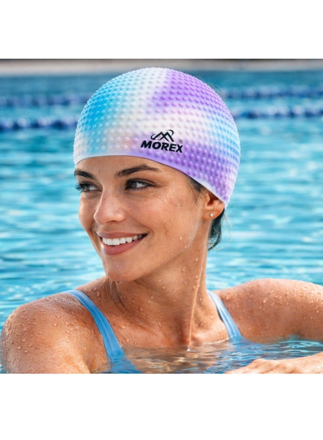 Elan Morex Silicone Bubble Swim Cap - White & Purple Multi-Colour - Roomy Comfort Fit For Long Hair & Thick Curls, Textured Air-Bubble Design For Reduced Pressure, Premium Waterproof Cap - Image 4