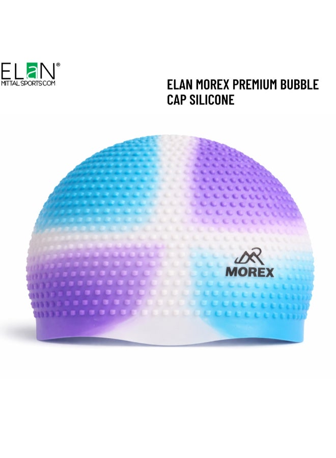 Elan Morex Silicone Bubble Swim Cap - White & Purple Multi-Colour - Roomy Comfort Fit For Long Hair & Thick Curls, Textured Air-Bubble Design For Reduced Pressure, Premium Waterproof Cap - Image 1