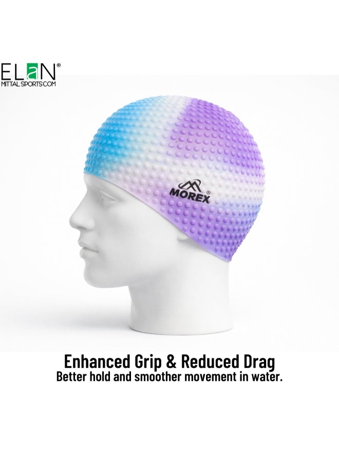 Elan Morex Silicone Bubble Swim Cap - White & Purple Multi-Colour - Roomy Comfort Fit For Long Hair & Thick Curls, Textured Air-Bubble Design For Reduced Pressure, Premium Waterproof Cap - Image 3