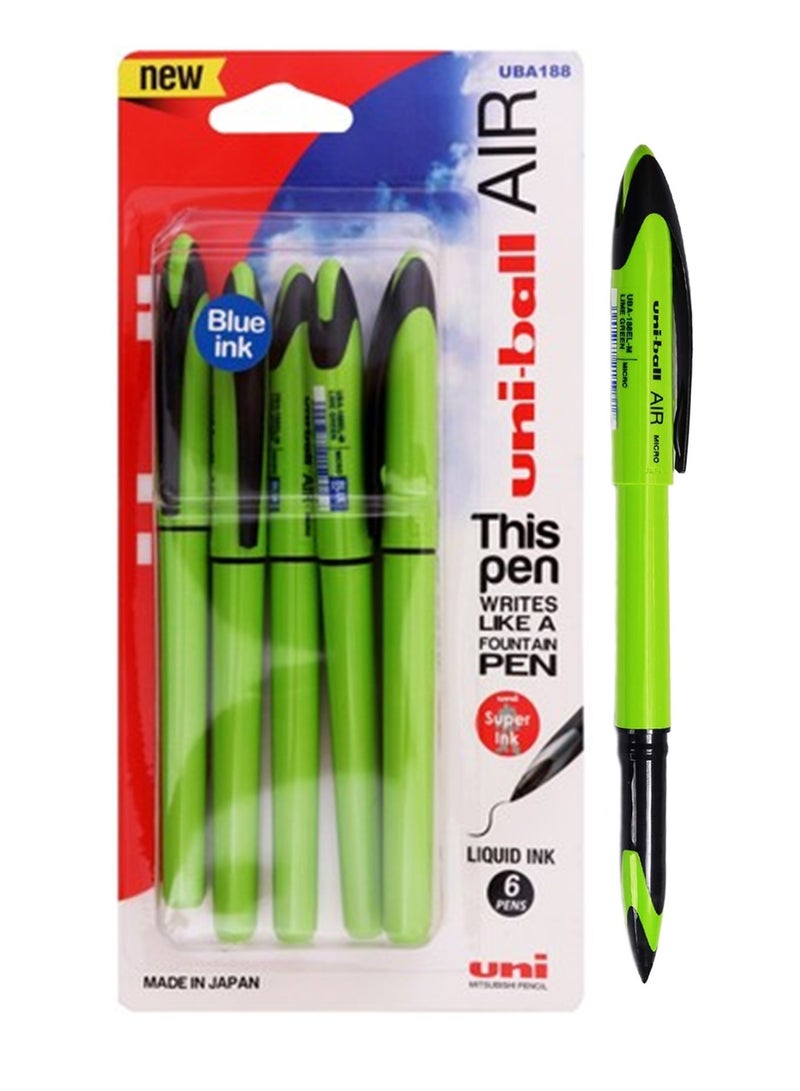 Uniball 6-Piece Air Micro Rollerball Pen Blue Ink Green Barrel  - Image 1