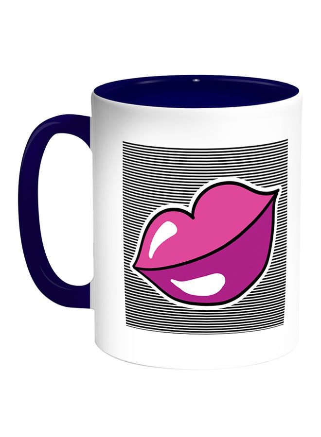 RKN Pink Lips Printed Coffee Mug White/Blue 11ounce - Image 1