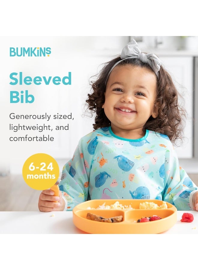Bumkins Bibs, Baby and Toddler Girls and Boys 6-24 Months, Long Sleeve, Essential Must Have for Eating, Feeding, Mess Saving Lightweight Waterproof Fabric Sleeved Smock, Ocean Life - Image 2