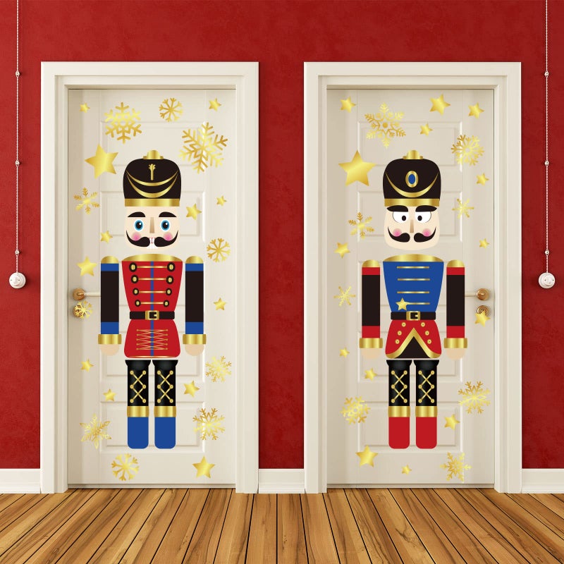 Whaline 8 Sheets Christmas Door Stickers Decor Christmas Large Nutcracker Gold Snowflake Door Decals for Refrigerator Wall Window Front Porch Doors Decoration Supplies
