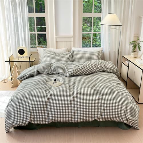 Mucalis Green Gingham Duvet Cover King 100 Washed Cotton Checked Duvet Cover Set Vintage Plaid 3 Piece Grid Bedding Set with Zipper Closure Corner TiesDurableBreathableEasy Care