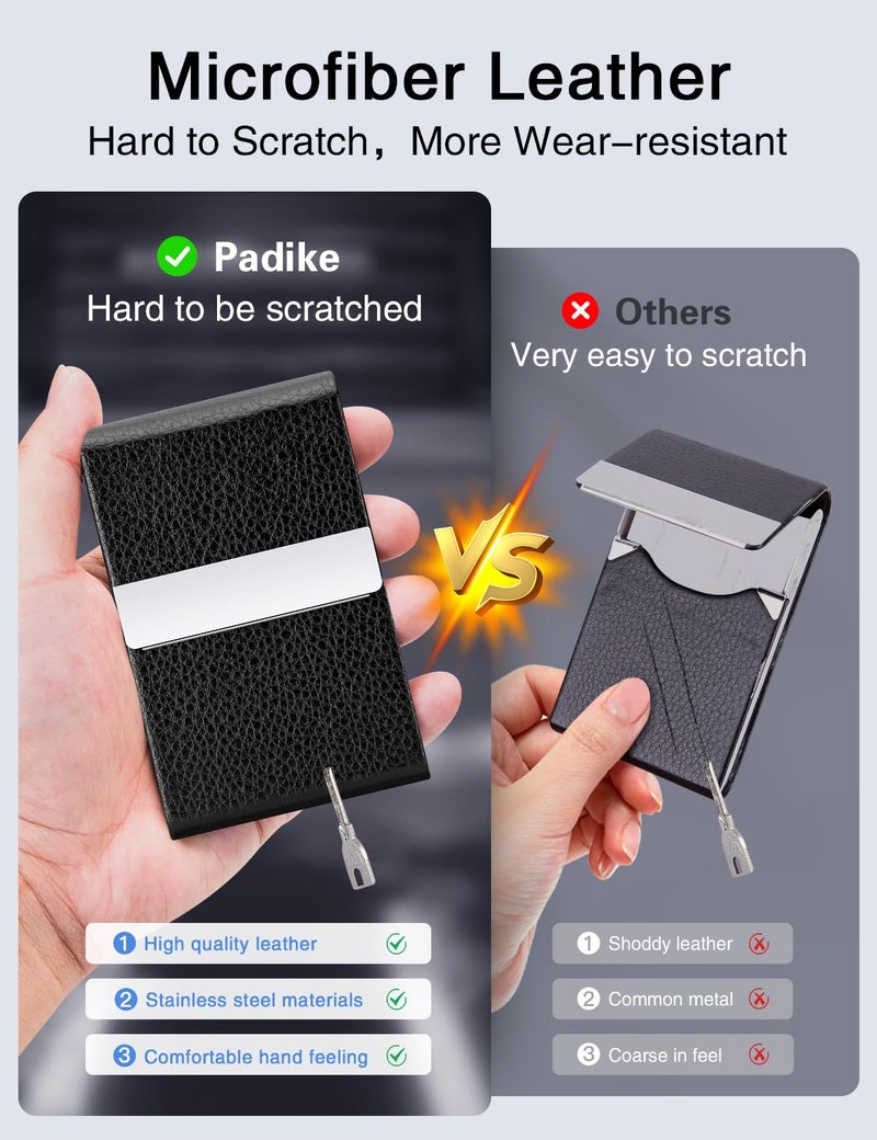 Padike Professional Business Card Holder PU Leather Business Card Case Name Card Holder Slim Metal Pocket Card Holder with Magnetic Shut (Black) - Image 3