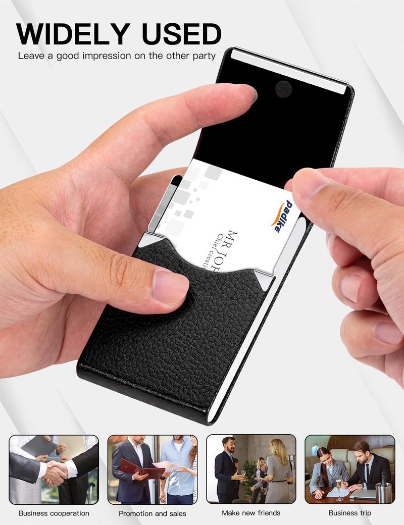 Padike Professional Business Card Holder PU Leather Business Card Case Name Card Holder Slim Metal Pocket Card Holder with Magnetic Shut (Black) - Image 5