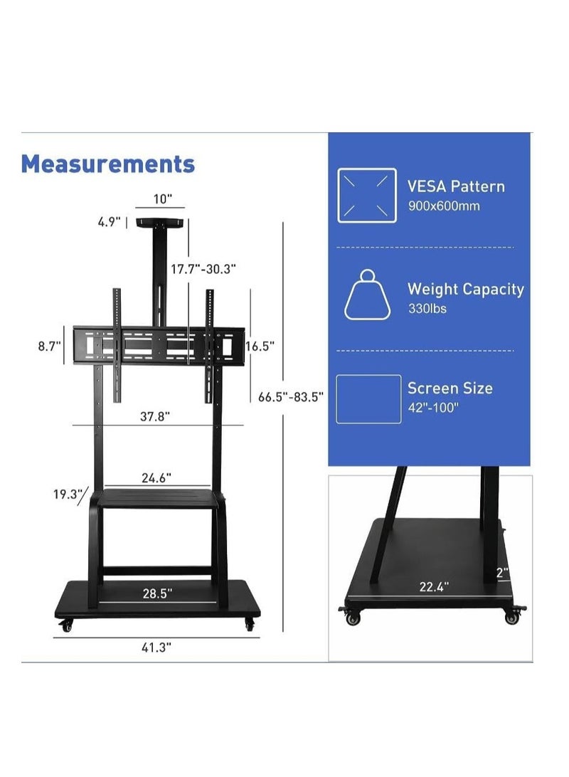 حامل تلفزيون متحرك / عربة شاشة متحركة مقاس 60-100 بوصة بعجلات لشاشات 100/85/75 بوصة / الشاشات المسطحة والمنحنية، قدرة تحميل ثقيلة حتى 150 كجم، ارتفاع قابل للتعديل، VESA 600x1000، 4K LED - Image 2