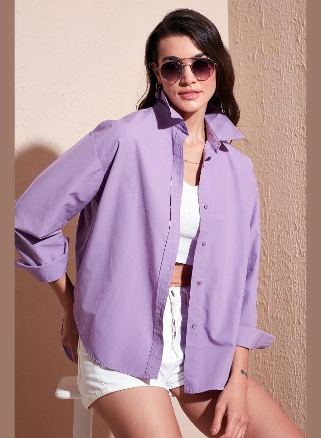 ليلا قميص نسائي بياقة بيضاوية وقصة أمامية قصيرة وخلفية طويلة من قطن ليلا