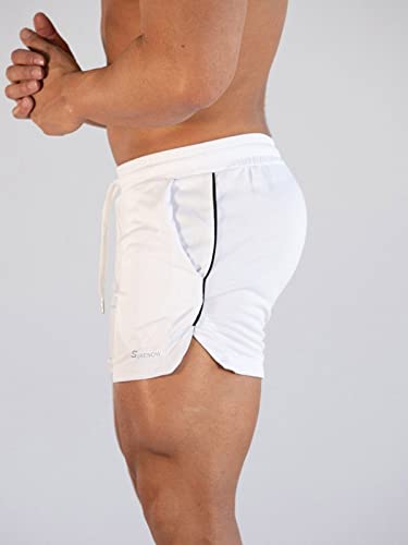 Surenow Mens Running Gym Shorts 3 Inch Breathable Lightweight Athletic Sport Shorts Training Workout Shorts with Pockets White - Image 2