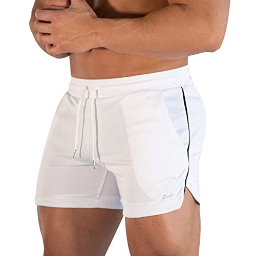 Surenow Mens Running Gym Shorts 3 Inch Breathable Lightweight Athletic Sport Shorts Training Workout Shorts with Pockets White - Image 1