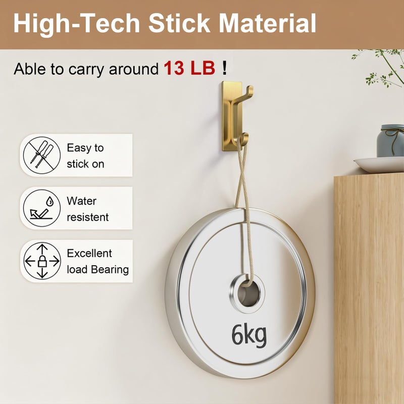 pickpiff 12 Pack Wall Hooks for Coat and Towel: 13LB Strong Adhesive Door Hanger Stick on, Brushed Gold - Image 2