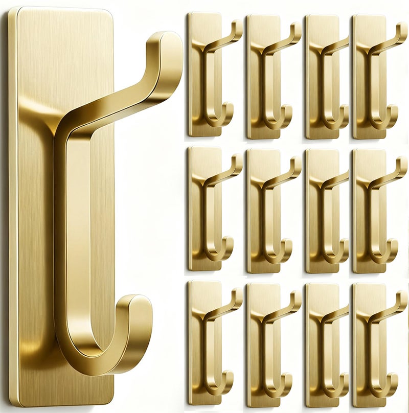 pickpiff 12 Pack Wall Hooks for Coat and Towel: 13LB Strong Adhesive Door Hanger Stick on, Brushed Gold - Image 1