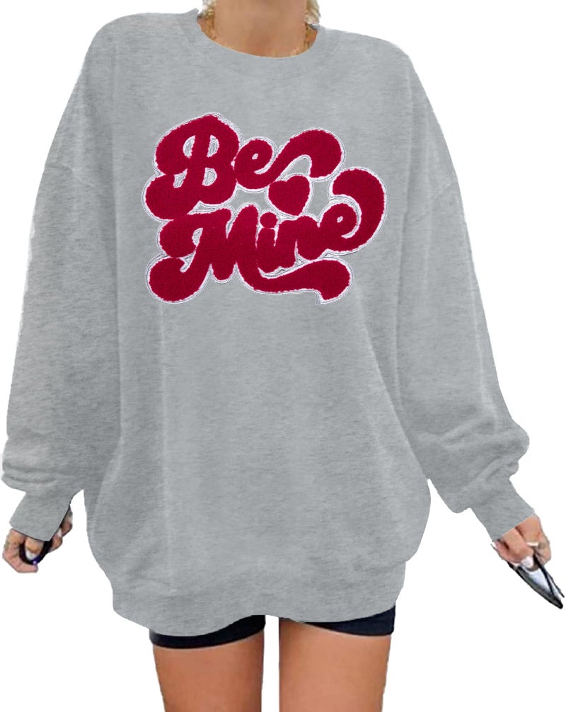 VILOVE Valentines Sweatshirts for Women Be Mine Glitter Patch Valentine Shirts Oversized Love Heart Sweater Holiday Outfits Light Grey - Image 1