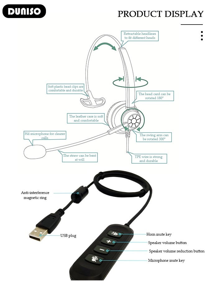 DUNISO - Wired Headset with Microphone Bluetooth Headphone with Noise Canceling Headphones for Office, Meetings, Chat, Call Centers Comfortable Over-Ear Headphones with Rotating Mic - Image 1