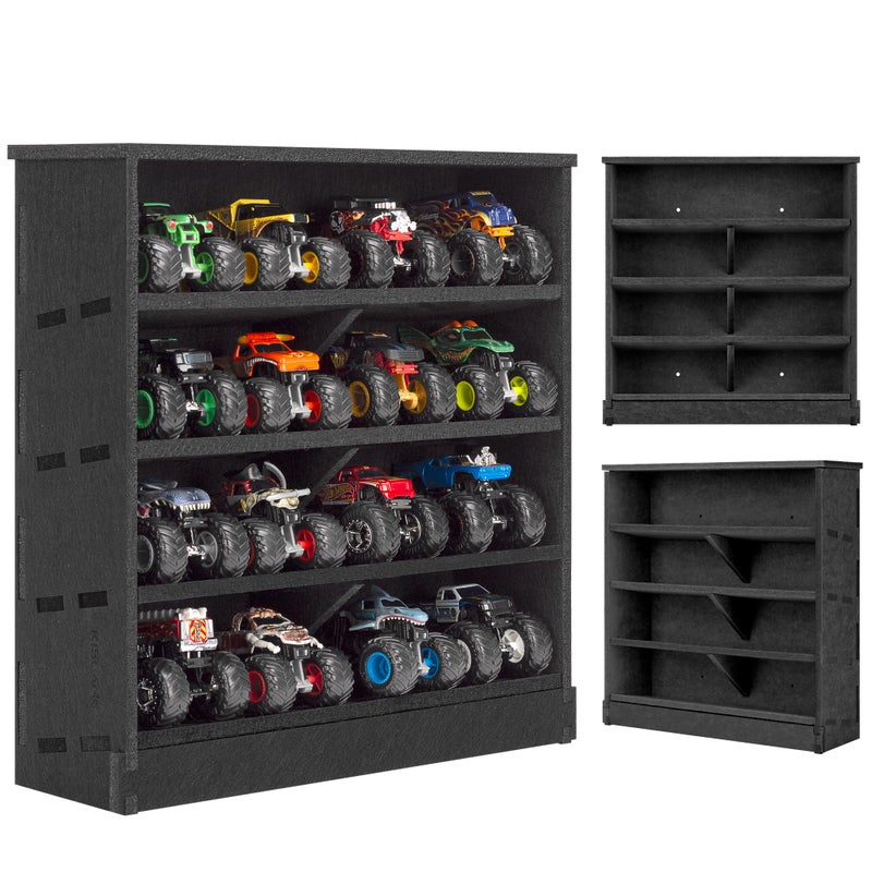 KISLANE Felt Monster Trucks Display Case, Wall-Mounted 16 Slot Storage Case, Groove Fixation Container Holder (Black - New Version) - Image 1