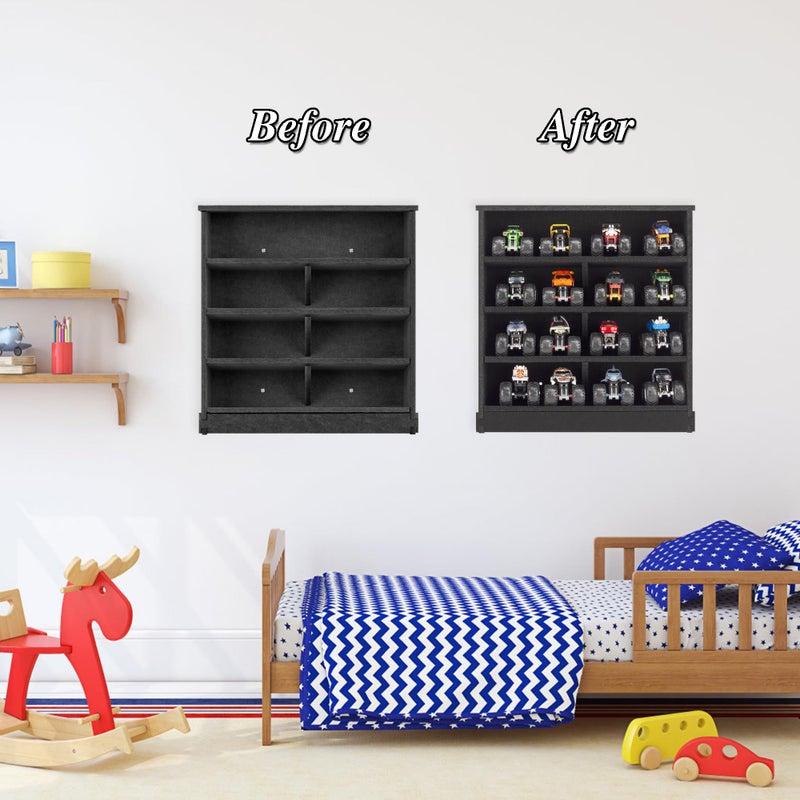 KISLANE Felt Monster Trucks Display Case, Wall-Mounted 16 Slot Storage Case, Groove Fixation Container Holder (Black - New Version) - Image 4