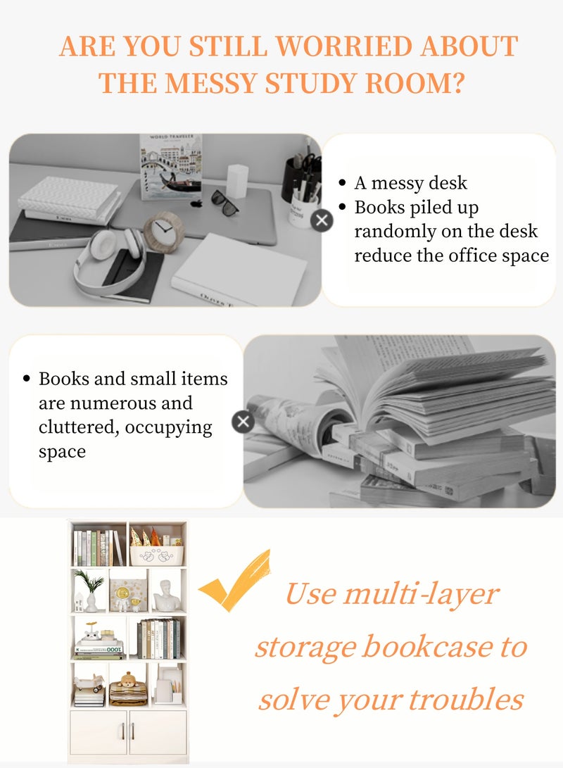 Wooden Bookshelf, Five Story Open Bookshelf, Large Storage Display Rack, Independent Floor Standing Bookshelf, Suitable for Living Rooms, Home Offices, and Study Rooms (White, SGG029B-80) - Image 4